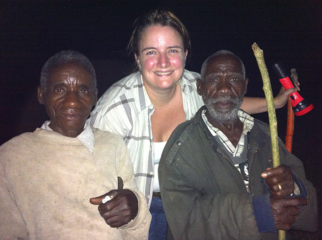 Anne-Marie Weeden with Batwa elders on a nocturnal forest walk. Photo by Nick Ball