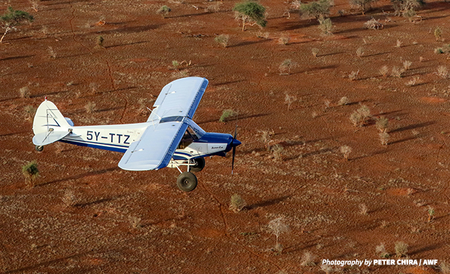 A plane used in the aerial census flies over the Tsavo landscape