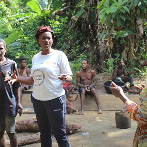 Photo of AWF Project Officer Stefany Noumeyi training community members in Campo Ma'an National Park