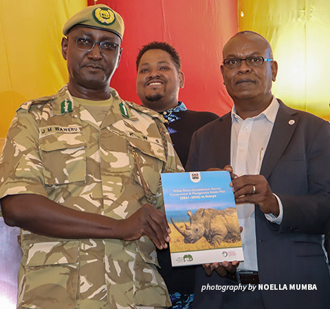 Photo of AWF VP Philip Muruthi and KWS Director General with southern rhino conservation plan