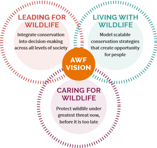 Venn diagram of AWF's Vision: Leading for Wildlife, Living with Wildlife, and Caring for Wildlife.