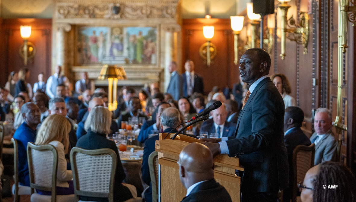 H.E. William Ruto speaks at a podium during an event in Washington, DC.