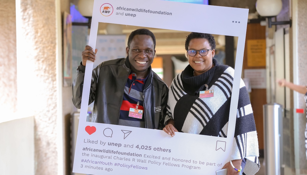 Gervais Mudherwa, left, with Simangele Msweli in an Instagram cutout.