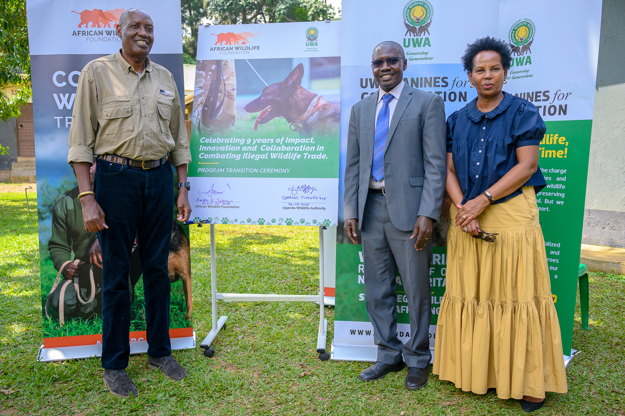 AWF CEO, Kaddu Sebunya, UWA, Fiel Operations Director, Charles Tumwesigye and AWF Uganda Country Director, Rose Ssebatindira during the program transition ceremony