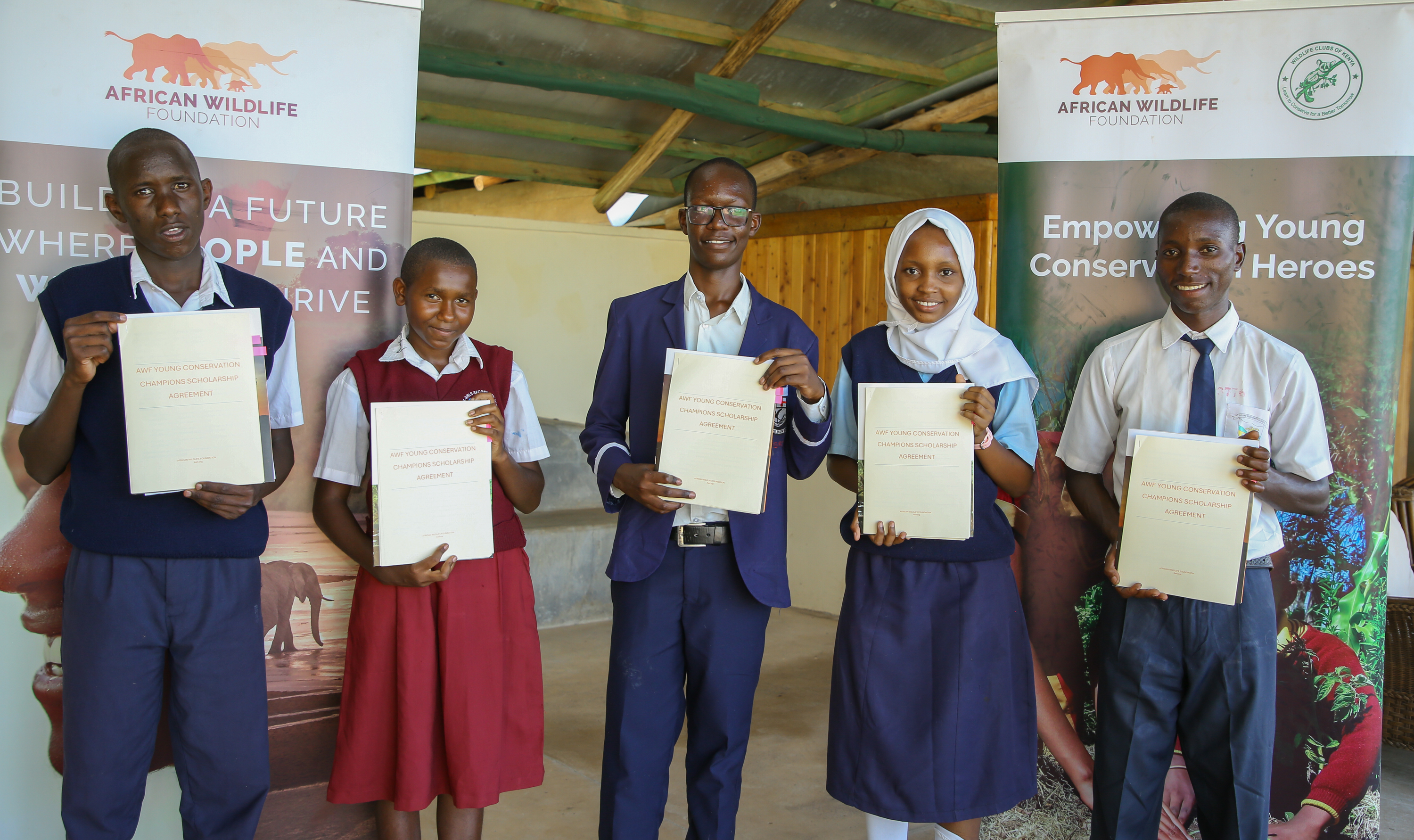The Recipients of the 2025 AWF Young Conservation Heroes Scholarship from the left to right: Robert Kilapai, Zipporah Mumo Kiminza, Abdulrahym Godhana Garise, Swabrina Esmael, Mwamtutu Hamisi Mwaiwe.