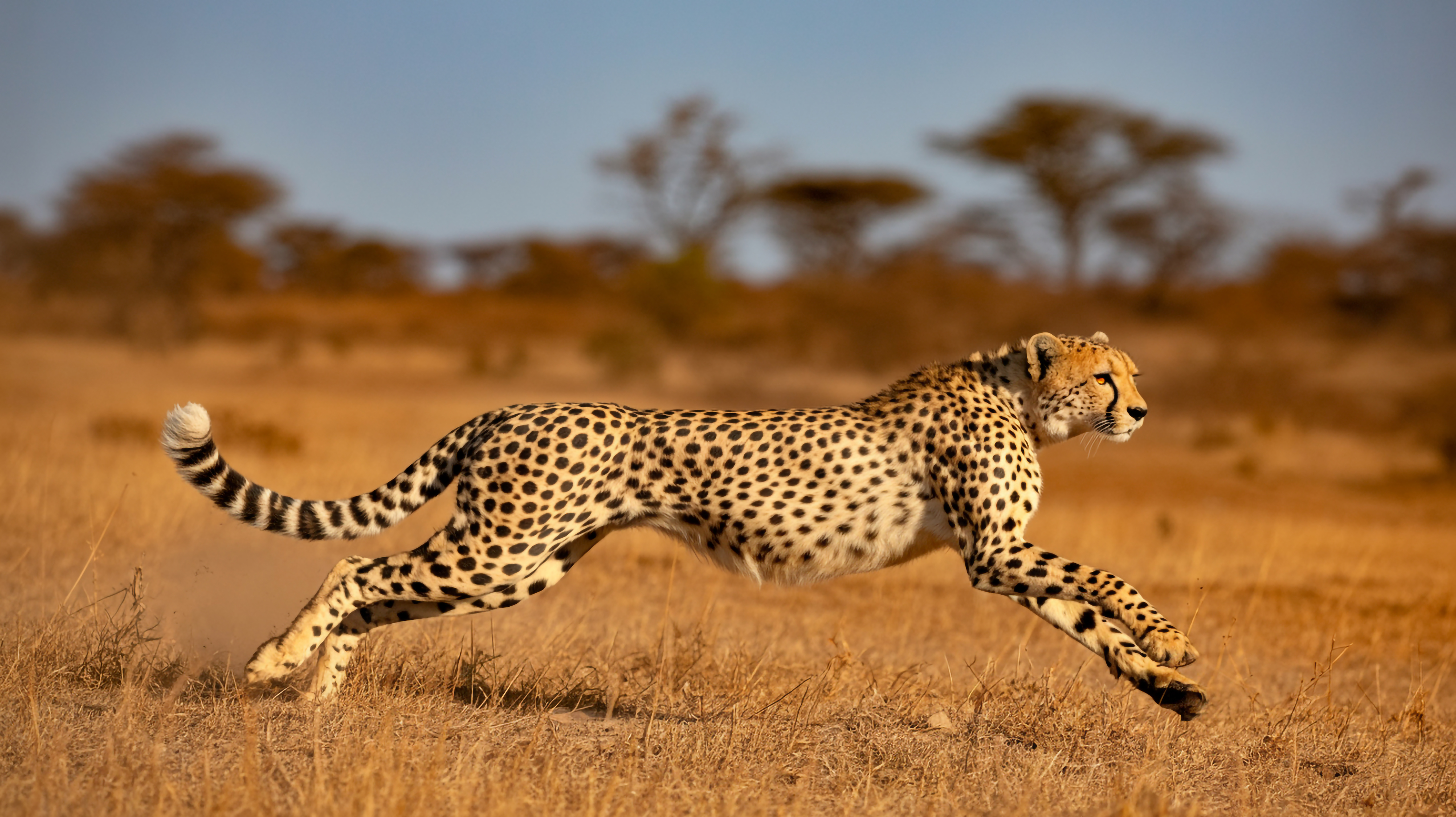 Cheetah sprinting across dry savanna grass