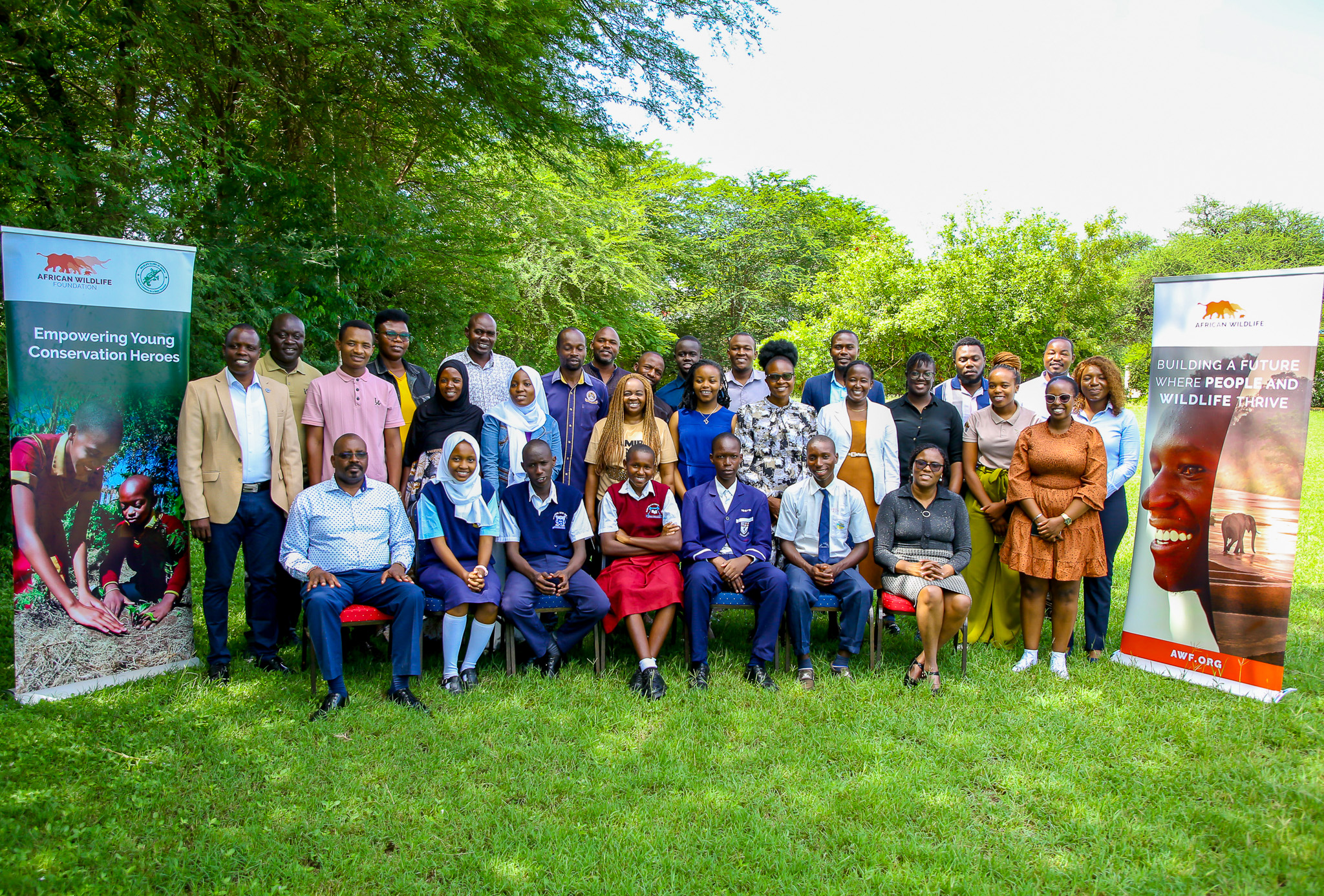 Group Photo of the AWF Young Conservation Champions Scholarship winners and AWF staff during the conservation education launch