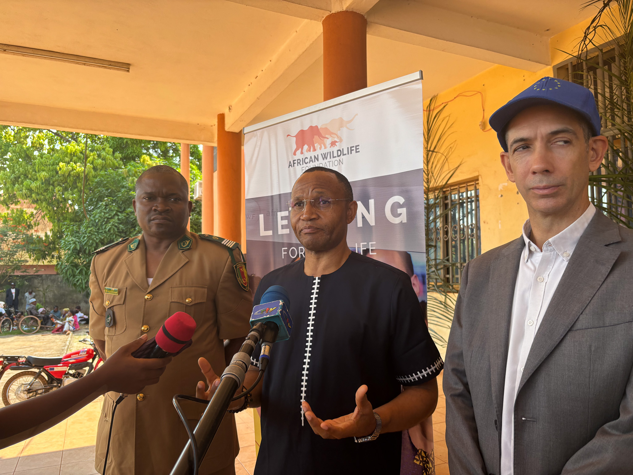 AWF Cameroon Country Director Norbert Sonne (Center) speaking to media during a stakeholder meeting in Abong Mbang, East Cameroon. 