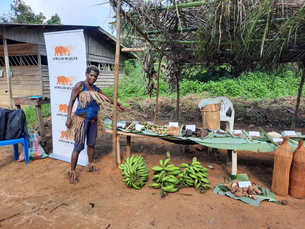 A Bagyeli Indigenous woman displays medicinal plants and harvested crops.