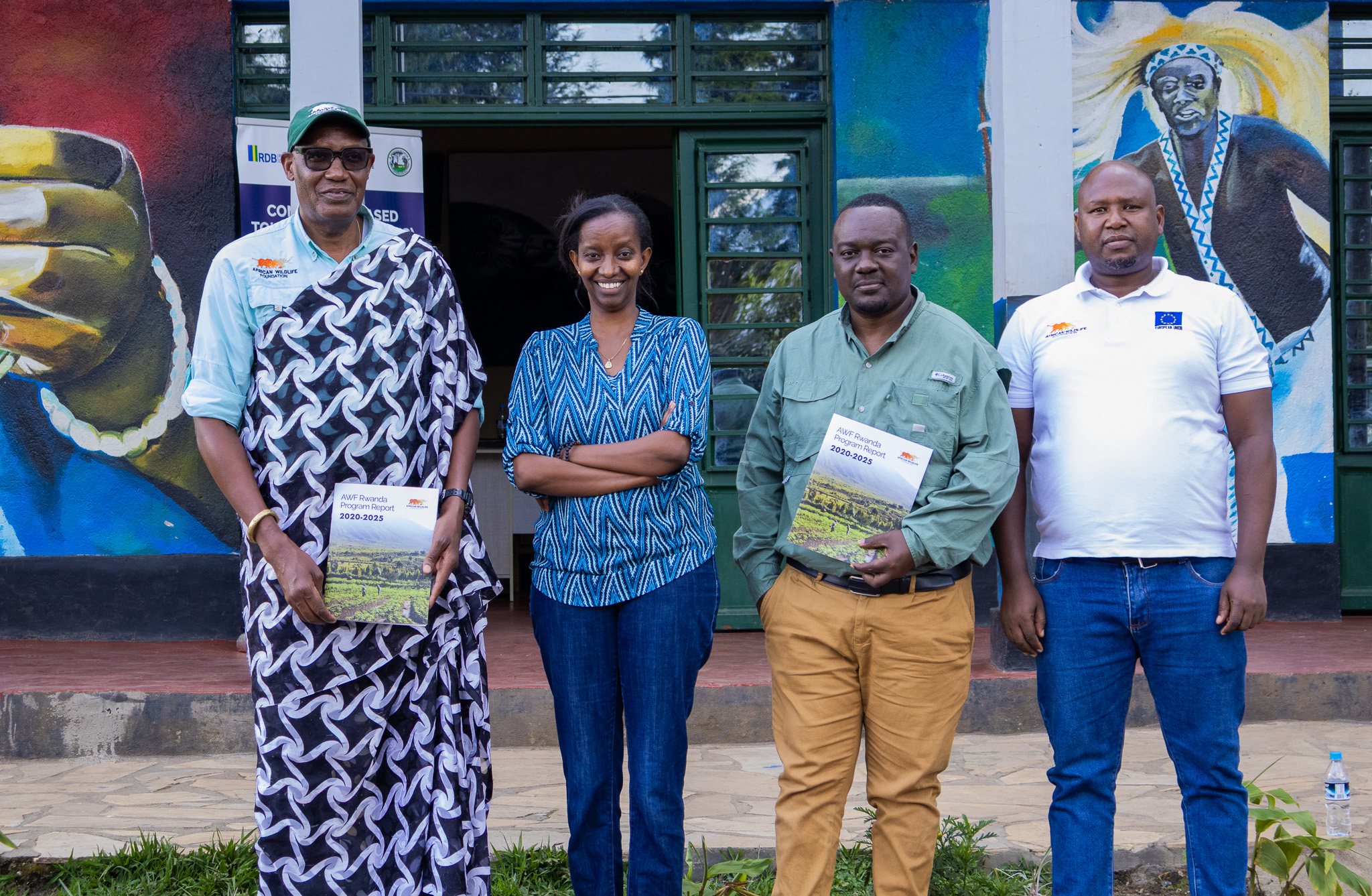 (From left to Right) - AWF CEO, Kaddu Sebunya, AWF Rwanda Senior Campaign Advisor - Beatrice Cyiza, AWF Rwanda Country Coordinator - Patrick Nsabimana and AWF Program Manager, Rwanda - Jean Luc Rukwaya in Musanze, Rwanda. 