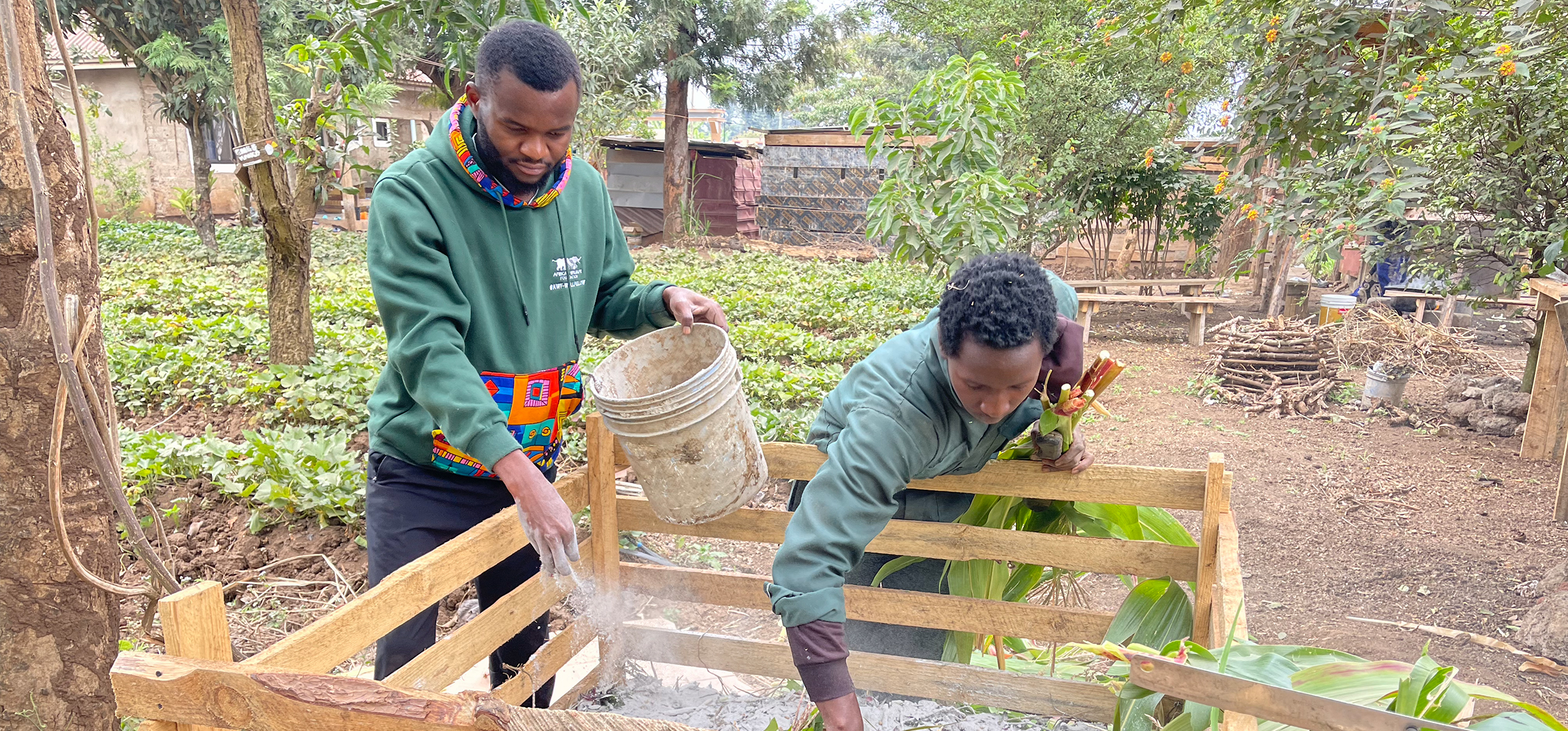 Elie and his colleague add ash to organic compost to regulate its pH in their field in Goma, DRC. © ACV