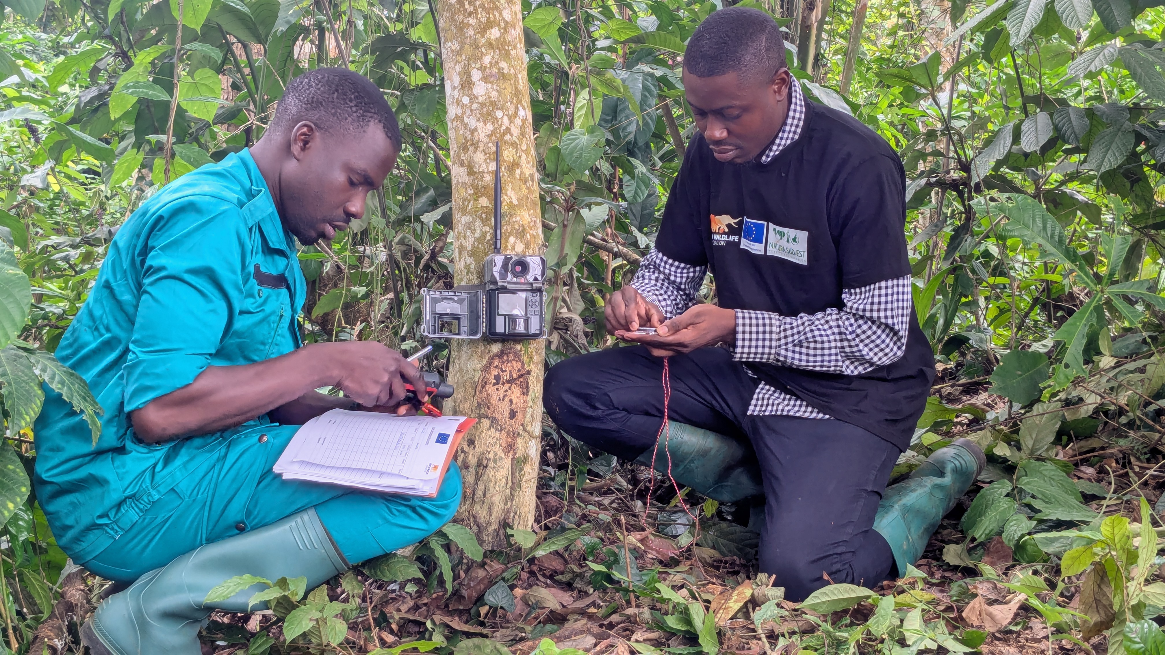 AWF Biomonitoring staff member, Peter Pikwah, trains an eco-guard on camera trap installation and the use of GPS for tracking. 