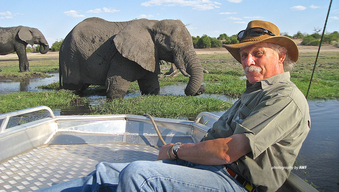 Photo of AWF Senior Vice President Craig Sholley viewing elephant on safari