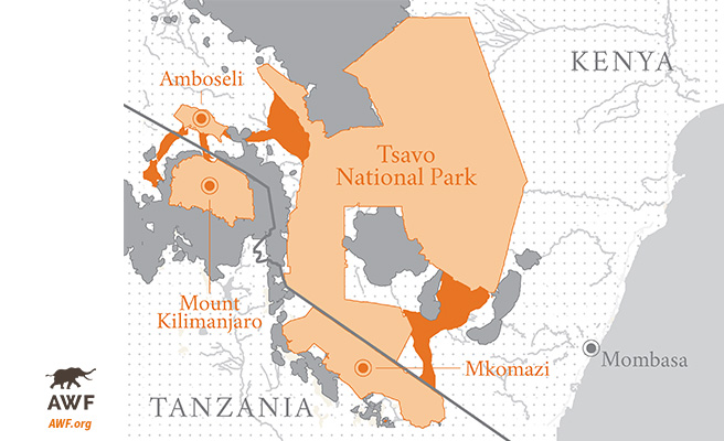 Map of Kenya and Tanzania showing transboundary Tsavo-Mkomazi landscape