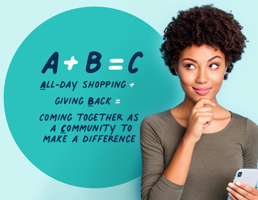 Woman shopping on her phone against text backdrop with a message about shopping while giving back to nonprofit causes