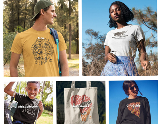 Photos of women, men, and children wearing African Wildlife Foundation apparel that benefits wildlife