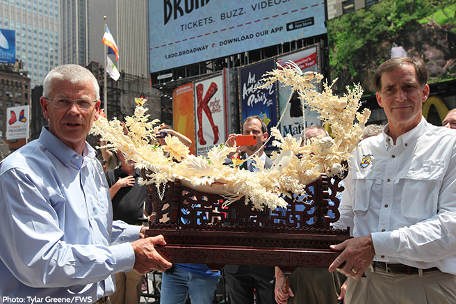 USFWS&#039;s Dan Ashe and William C. Woody with the Last Piece of Ivory to be Crushed