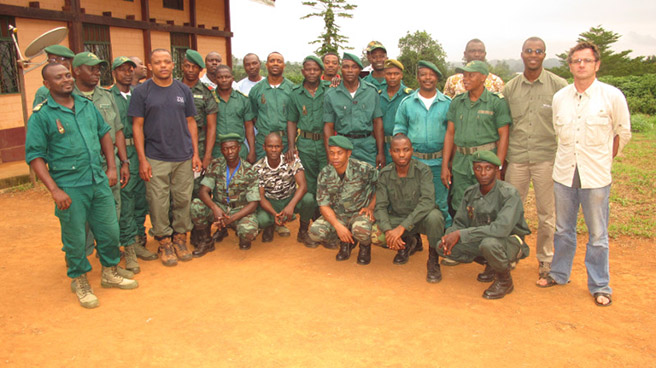 Wildlife rangers in Cameroon with African Wildlife Foundation Director of African Apes Initiative, Jef Dupain