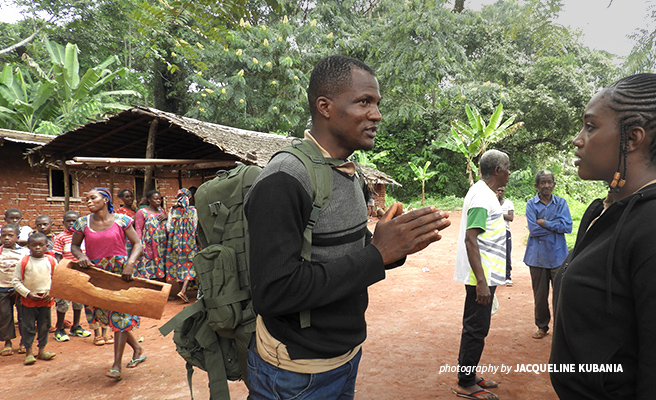 Photo of AWF Technical Advisor Hensel Fopa during a visit to Kangnnole village near Dja Faunal Reserve