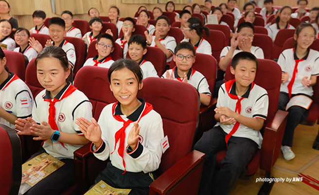 Photo of students attending AWF wildlife awareness lecture at a school in Shanghai