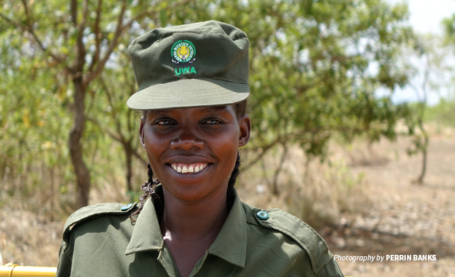 Photo of a female wildlife protection ranger from Uganda Wildlife Authority