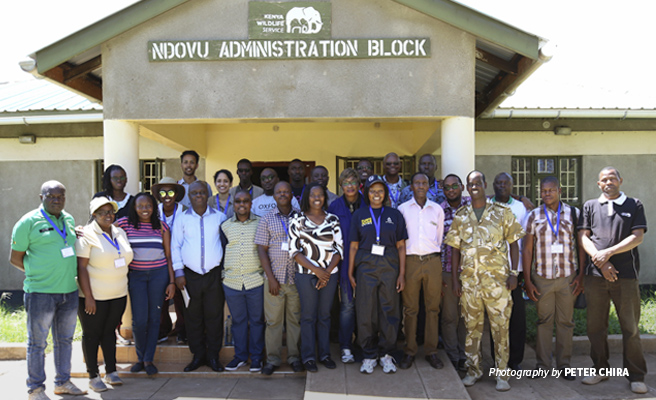 Photo of Biosphere Reserves Managers Workshop participants outisde Kenya Wildlife Service office in Amboseli National Park