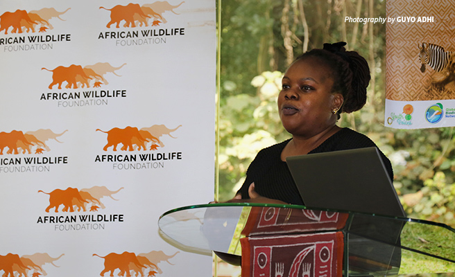 Photo of Didi Wamukoya, AWF Senior Manager, Wildlife Law Enforcement speaking at youth conference 