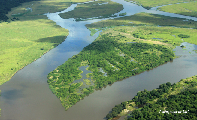 Aerial photo of river in fertile Southern Tanzania landscape Aerial photo of river in fertile Southern Tanzania landscape