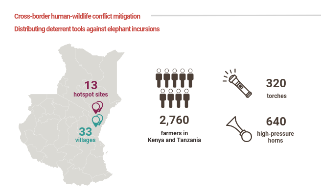 Infographic showing AWF human-elephant mitigation strategies for households in Tsavo-Mkomazi transboundary area Infographic showing AWF human-elephant mitigation strategies for households in Tsavo-Mkomazi transboundary area