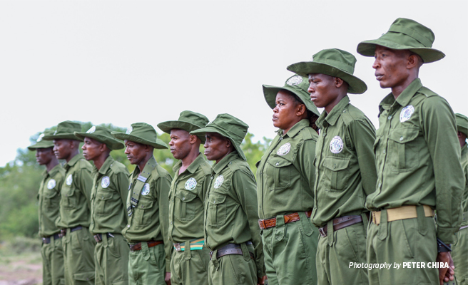 Photo of AWF-trained community wildlife conservation scouts at graduation in Tanzania