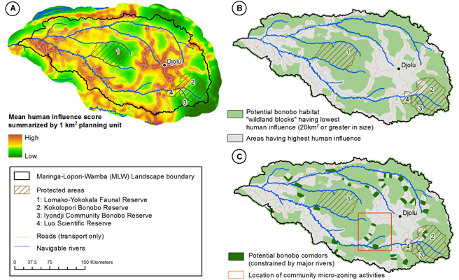 Spatial data helps conservation planners to predict levels of hunting pressure and habitat degradation Map from Geospatial information informs bonobo conservation efforts published by Oxford University Press