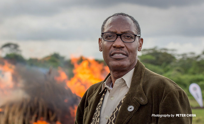 Photo of African Wildlife Foundation CEO Kaddu Sebunya at ivory burn event in Nairobi National Park