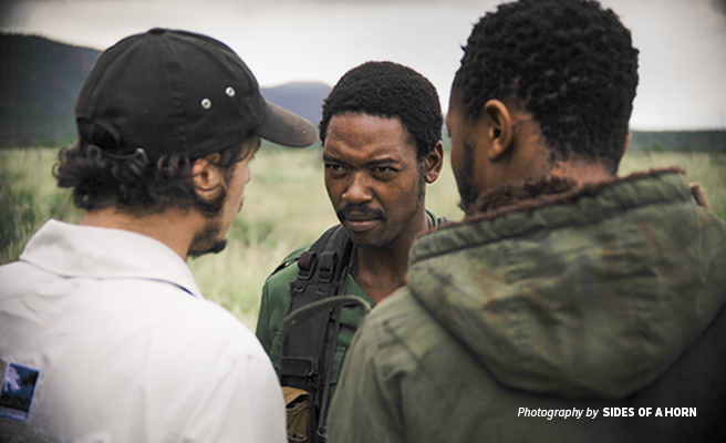 Photo of filmmaker and AWF Council Member Toby Wosskow directing actors on the set of Sides of a Horn