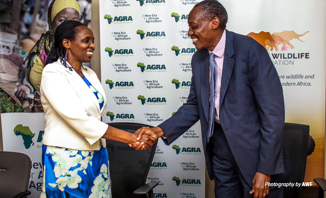 AGRA President and AWF President Kaddu Sebunya shaking hands after signing MoU