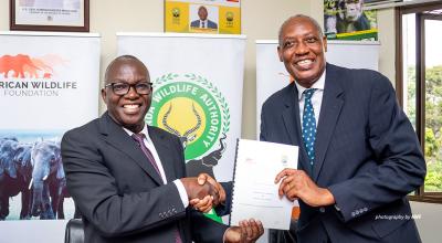 AWF CEO Kaddu Sebunya and UWA Executive Director Sam Mwandha
