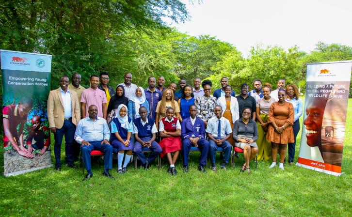 Group Photo of the AWF Young Conservation Champions Scholarship winners and AWF staff during the conservation education launch