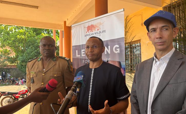 AWF Cameroon Country Director Norbert Sonne (Center) speaking to media during a stakeholder meeting in Abong Mbang, East Cameroon. 