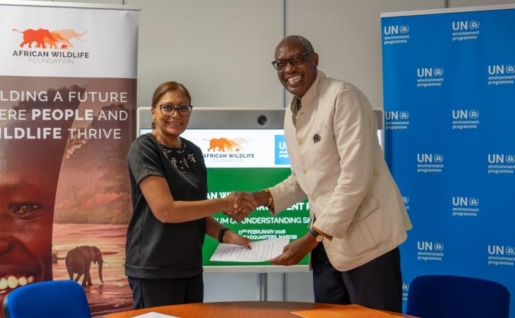 Radhika Ochalik, Director of Governance Affairs for the United Nations Environment Programme with AWF CEO Kaddu Sebunya.