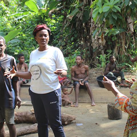 AWF trains women on the best techniques to process, store, and package non-timber forest products Photo of AWF Project Officer Stefany Noumeyi training community members in Campo Ma'an National Park
