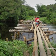 Crossing river in DRC tropical rainforest