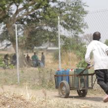 Young boy pushing a barrel of water  from the Rural resource Center in Tchamba