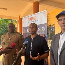 AWF Cameroon Country Director Norbert Sonne (Center) speaking to media during a stakeholder meeting in Abong Mbang, East Cameroon. 