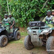 Photo of four wildlife rangers in Bili Uele DRC on quad patrol