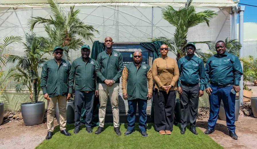 Rwanda Development Board CEO Jean Guy Afrika (third from left), alongside Dr. Telesphore Ndabamenye (center), Minister of Agriculture and Animal Resources, and Patrick Nsabimana (far right), AWF Rwanda Country Coordinator, marked the launch of the Kiningi horticulture hub in August 2025. 