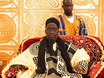 A king sits in his throne. Ornate patterns adorn his clothes, the red throne, and the wall behind.