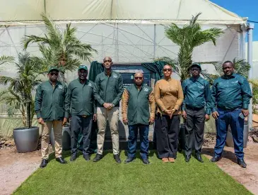 Rwanda Development Board CEO Jean Guy Afrika (third from left), alongside Dr. Telesphore Ndabamenye (center), Minister of Agriculture and Animal Resources, and Patrick Nsabimana (far right), AWF Rwanda Country Coordinator, marked the launch of the Kiningi horticulture hub in August 2025. 