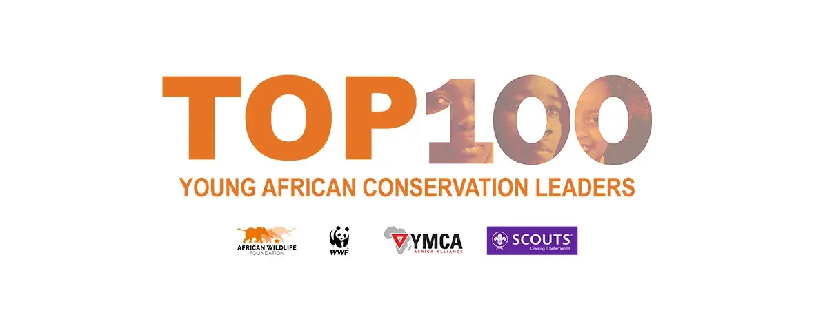 Top 100 Young African Conservation Leaders header with AWF, WWF, YMCA and Scouts logos