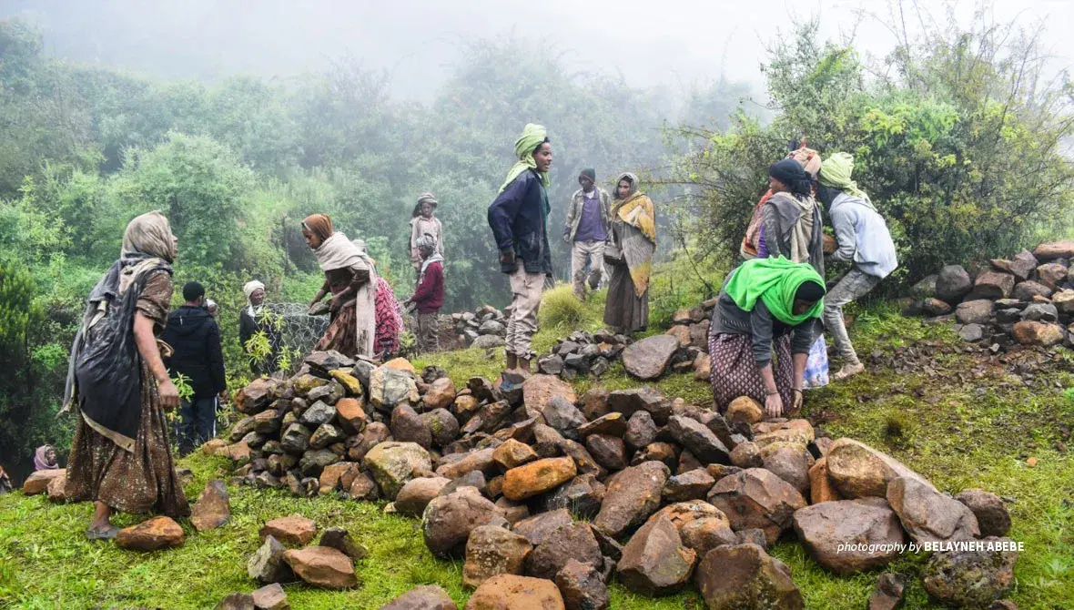 Photo of Ethiopian community members engaged in cash for work program in Simien Mountains National Park