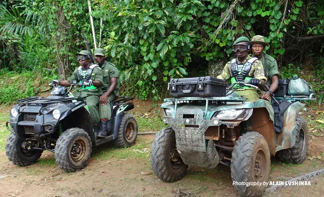 Bili Uele rangers on patrol Photo of four wildlife rangers in Bili Uele DRC on quad patrol